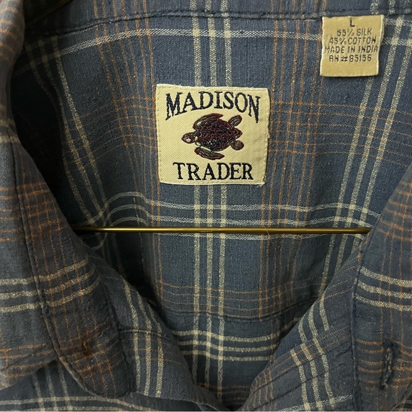 Vintage Blue Plaid Madison Trader Silk and Cotton Blend Size L - Picture 12 of 15